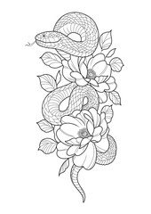 illustration, sketch, tattoo design, snake and flowers
