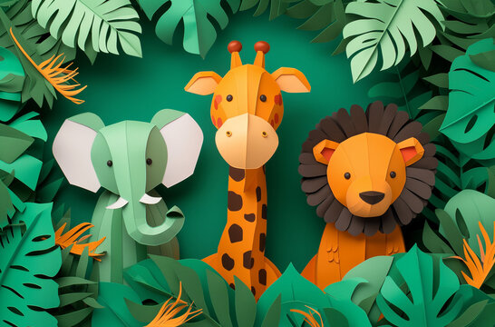 Vibrant paper art of jungle wildlife, perfect for creative projects and themed decor © Blue_Utilities