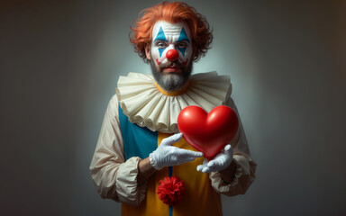 A clown in a bright suit holds a red heart in his hands