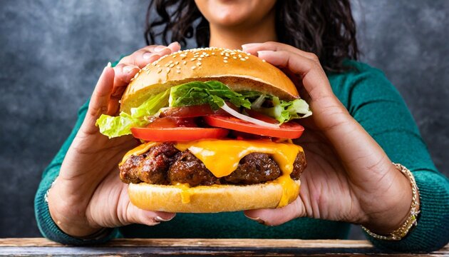 woman hands hold big double cheeseburger burger sandwich with beef tomatoes and cheese