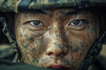South Korean soldier portrait close up. Modern soldier of South Korea detailed photography texture