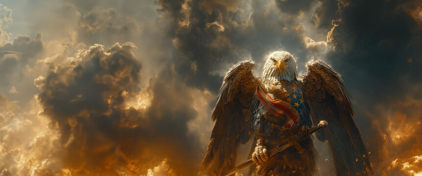An American eagle in the clouds, wings spread, enveloped in a divine light. He proudly carries a sword in his claws.