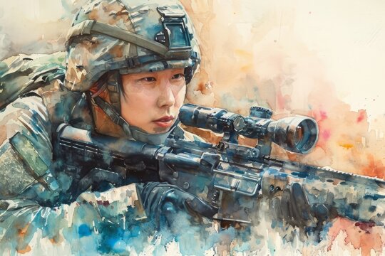 South Korean soldier portrait Illustration close up. Modern soldier of South Korea watercolor colors Illustration