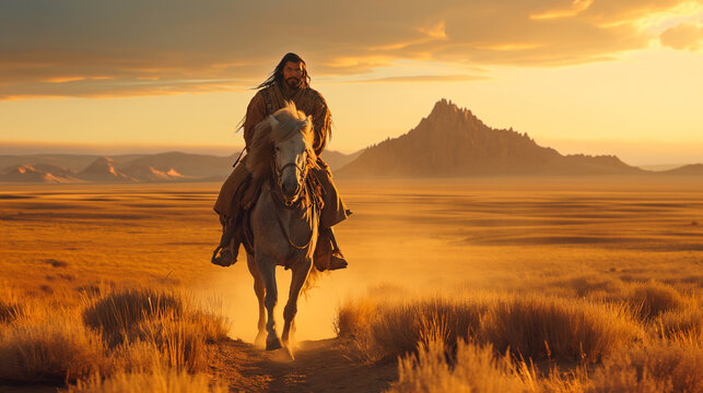 A serious look lies on the face of the Mongolian leader as he rides his horse through the endless expanses of the world's largest empire. Determination and a deep connection to the vast steppe.