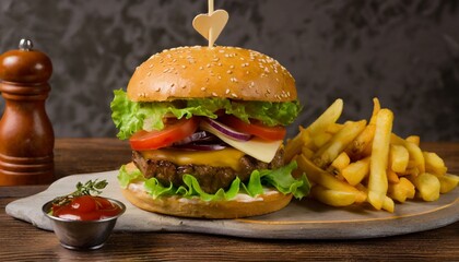 craft beef burger and french fries on wooden table on dark background