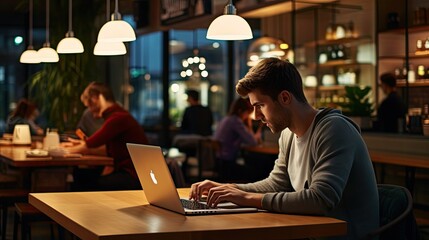 Young Man Working on a Laptop in a Cozy Cafe During the Evening