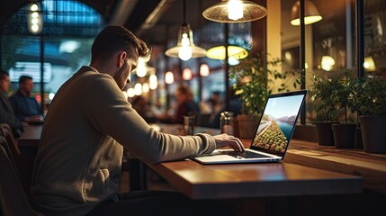 Man Sitting at Table Using Laptop Computer