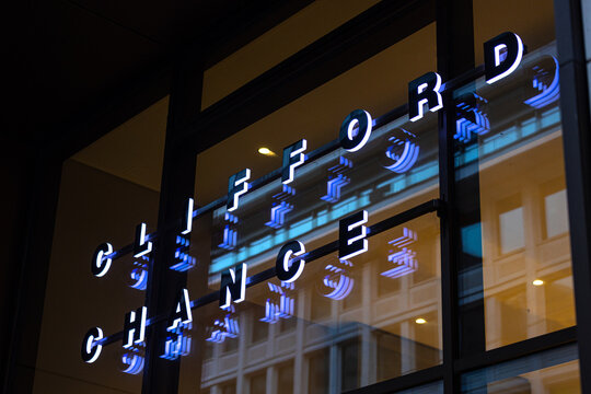 frankfurt, hesse, germany - 30 01 2024: a clifford chance sign