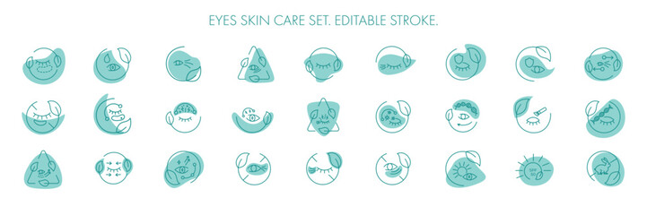 Fototapeta premium Eye skin care area icon pack set for patch, cream, mask cosmetic and beauty product, ophthalmology clinic, web, packaging. Vector stock illustration isolated on white background. Editable stroke.