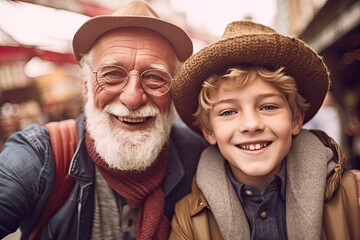 Trendy Grandpa and Grandson taking selfie together POV - obrazy, fototapety, plakaty
