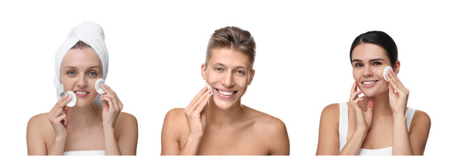 People cleaning faces with cotton pads on white background, set of photos