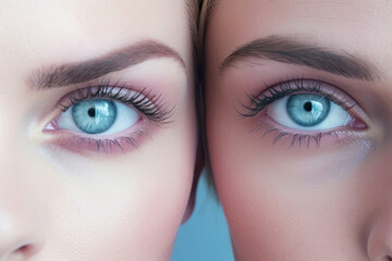 Two beautiful young women with blue eyes close up portrait side by side profile image