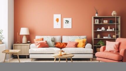 Living room modern interior design with white sofa, wall and pillows in peach fuzz colour, banner