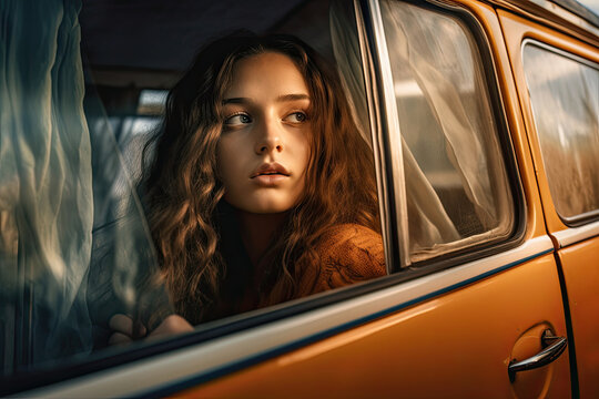 Wonderful image of beautiful young woman looking out of the window of a camper van being hit by stunning sunset golden light