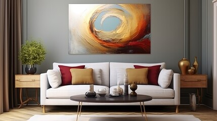 Elegant living room interior with white sofa, striking pillows and 3d abstract painting in red and gold, banner