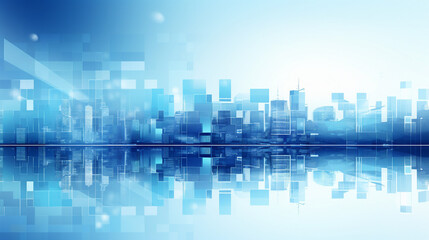 Blue-toned abstract city with reflective cubes and skyline