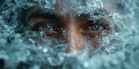 Gesicht eines Mannes hinter Glascheibe mit gefroreren Eis, ai generativ