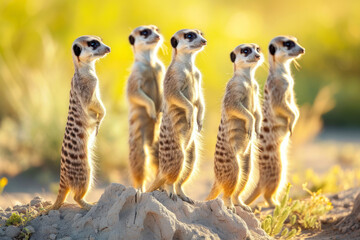 Alert meerkats on lookout duty, an alert and social scene featuring meerkats standing on their hind legs, keeping a watchful eye on their surroundings. - obrazy, fototapety, plakaty