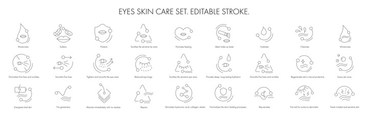 Beauty skin care icon pack set for patch, cream, mask cosmetic and beauty product, medical clinic, web, packaging. Vector stock illustration isolated on white background. Editable stroke.