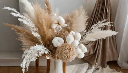 pampas grass and lunaria are collected in a bouquet for room decor bouquet of dried flowers floral minimal home interior boho style boho style holiday photo zone decor