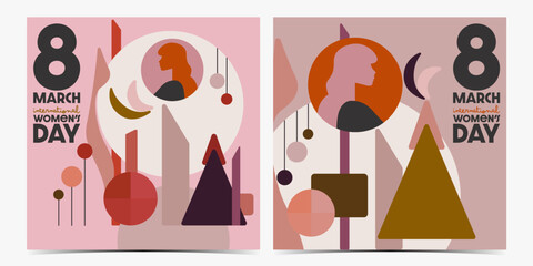 Set of abstract International Women's Day, March 8 covers, posters, greeting cards, labels, flyers, banners with woman profile and geometric elements