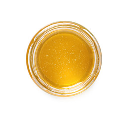 Tasty honey in glass jar isolated on white, top view