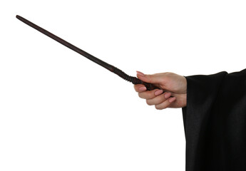 Wizard holding magic wand on white background, closeup