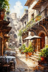 Painting of a Courtyard With Tables and Chairs. Generative AI.