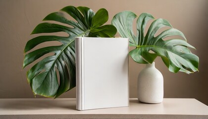 white book mockup with a monstera leaf in a vase on a beige table