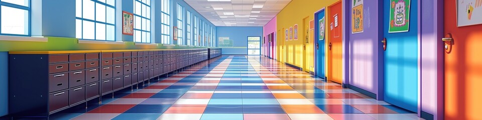 Bright colorful cartoon elementary school corridor background on sunny day with lockers along the windows wall and classroom doors