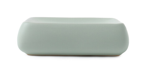 Bath accessory. Light green ceramic soap dish isolated on white