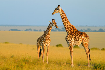 Obraz premium Elegant giraffes on the savannah, a serene and picturesque scene featuring a pair of giraffes grazing against the backdrop of the African savannah.