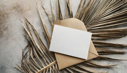 summer stationery still life closeup of blank card mock up and craft envelope on dry palm leaf grunge beige concrete background flat lay top view tropical vacation concept moody boho design