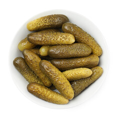 Tasty pickled cucumbers in bowl isolated on white, top view