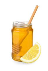 Honey in glass jar with dipper and lemon isolated on white