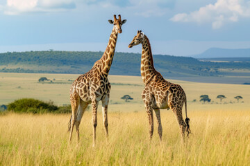 Elegant giraffes on the savannah, a serene and picturesque scene featuring a pair of giraffes grazing against the backdrop of the African savannah.