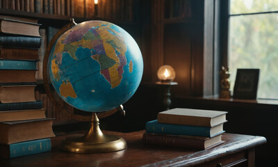 Globe on a table with a stack of books
