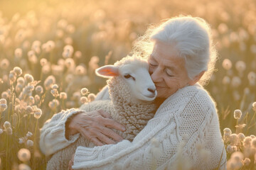 An elderly woman lovingly embraces a lamb in a sunlit field. The warm glow suggests themes of care and nurturing, ideal for content about compassion or elder care.