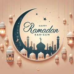 islamic greetings ramadan kareem card design with lanterns and crescent Vector Design Illustration with Background design with space for copy created with generative ai