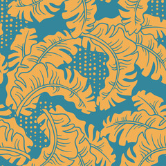 Fototapeta na wymiar Banana plant leaves vector pattern for textile design, fabric print, wallpaper, digital paper. Palm tree leaf background, jungle vintage style, hand drawn illustration for cafe, spa hotel decoration.