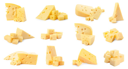 Fresh cheese isolated on white, set of pieces