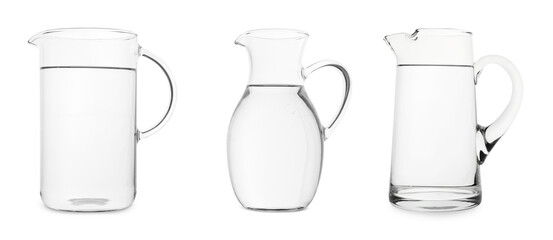 Glass jugs full of water isolated on white, collection