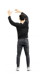 A man, on a white background, in full height, waving his arms