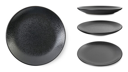 Black ceramic plate isolated on white, set with different views