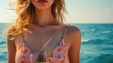 A young woman with a cocktail in her hand, in a summer dress with a deep neckline. Against the backdrop of the sea. AI generative.