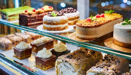 different types of delicious cakes in pastry shop showcase - obrazy, fototapety, plakaty