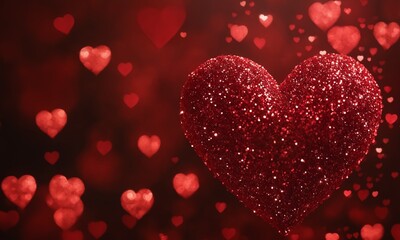 Sparkling hearts on a red background. heart shaped bokeh