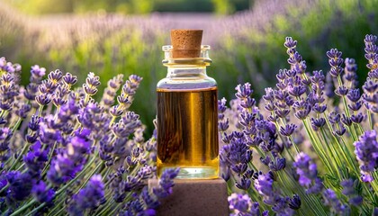 glass bottle with essential oil among the lavender blossoms