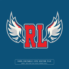 RL wings logo vector with editable text effect. Editable letter RL college t-shirt design printable text effect vector