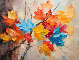  close up of colorful abstract rough textured canvas painting of autumn leaves